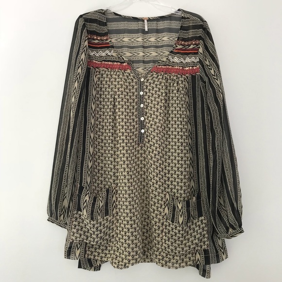 FREE PEOPLE Feather in The Wind tunic sheer tan black Size M - Picture 2 of 12